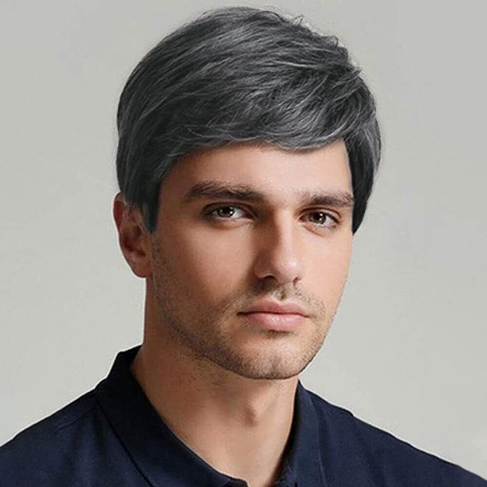 Short Black with Gray Men’s Wig Natural 100% Human Hair Wig for Male Natural Wig