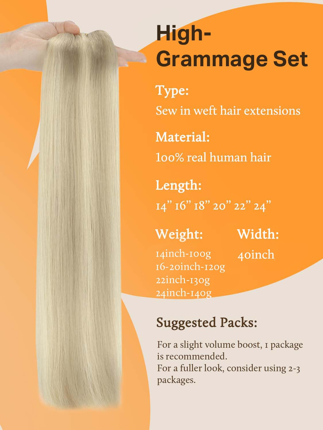 Weft Hair Extensions, 24 Inch 140G Ash Blonde Highlighted Platinum Blonde, Long