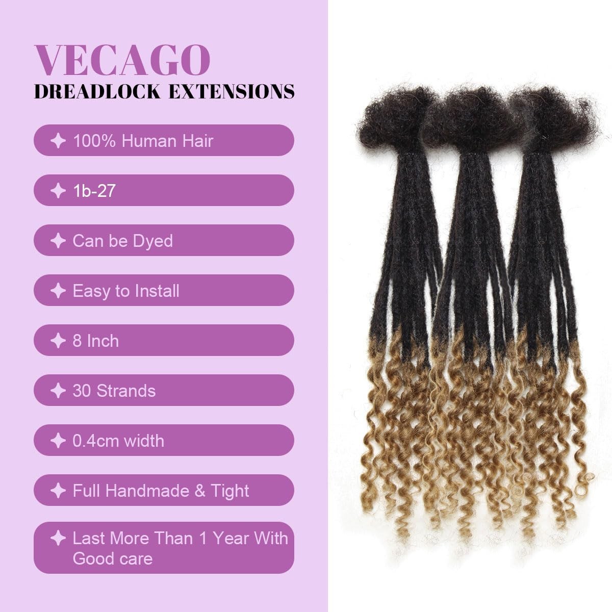 Vecago 8 Inch 30 Strands Loc Extensions Human Hair Curly Ends 0.4Cm Width Human