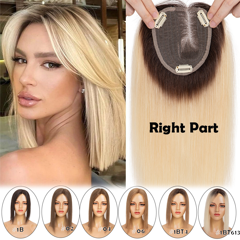 Silk Base 100%Human Hair Topper Clip in Hairpiece Wig Toupee Top Piece Side Part
