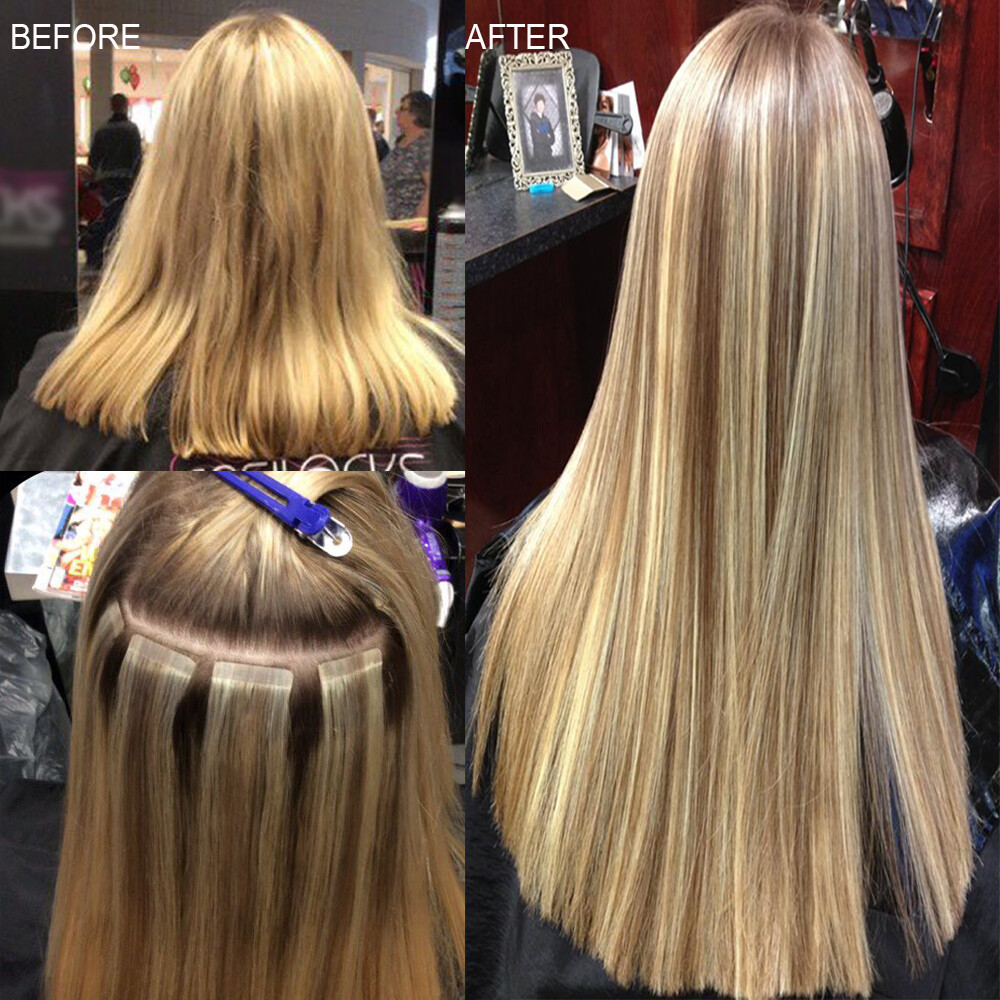 Tape In Balayage Skin Weft Remy Real Human Hair Extensions Full Head 200g WAVY