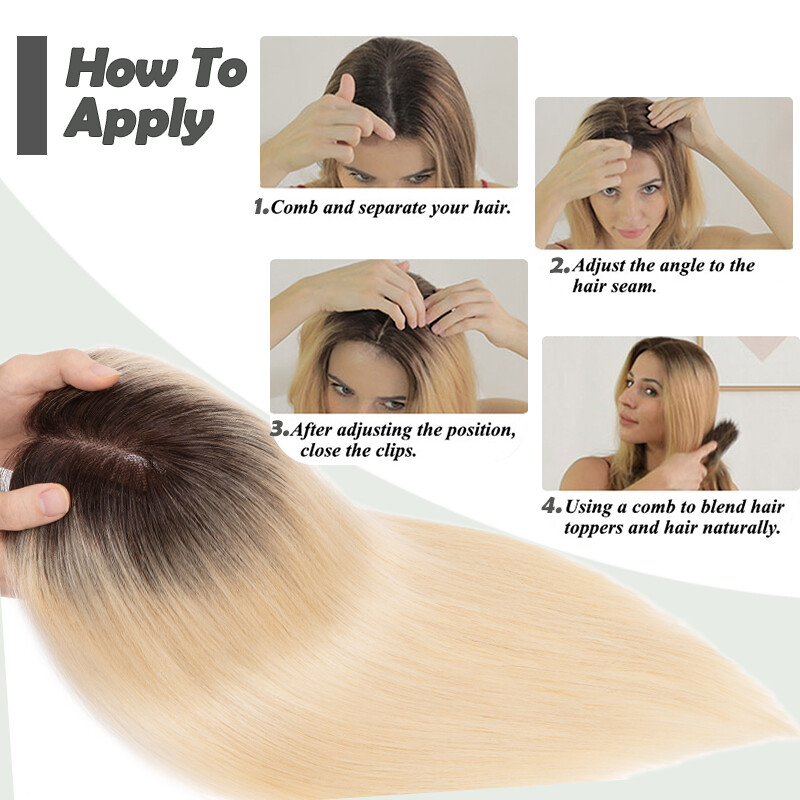 Clip in Real Remy Human Hair Topper Women’s Ombre Hairpiece Top Toupee Side Part