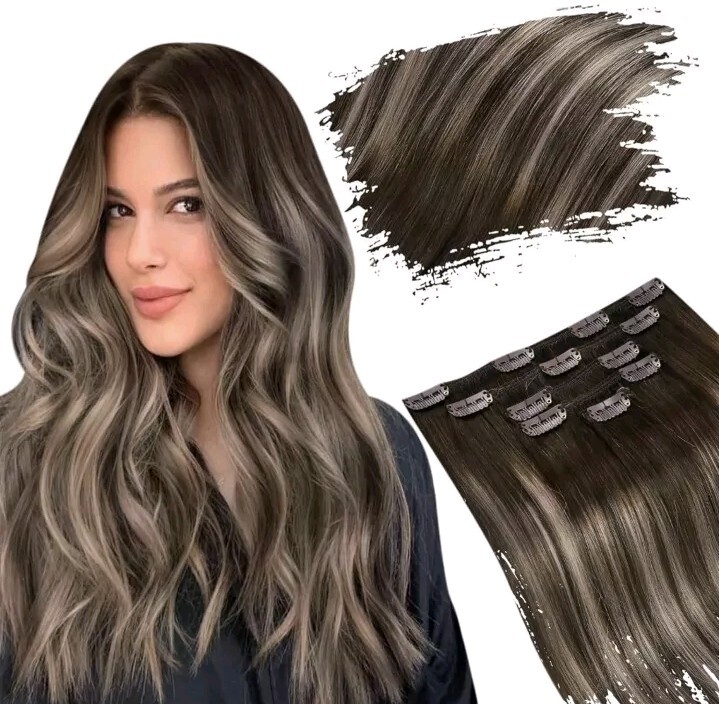 Ugeat Straight Clip in Hair Extensions Balayage Brown With Blonde Hair, 5pc-12in