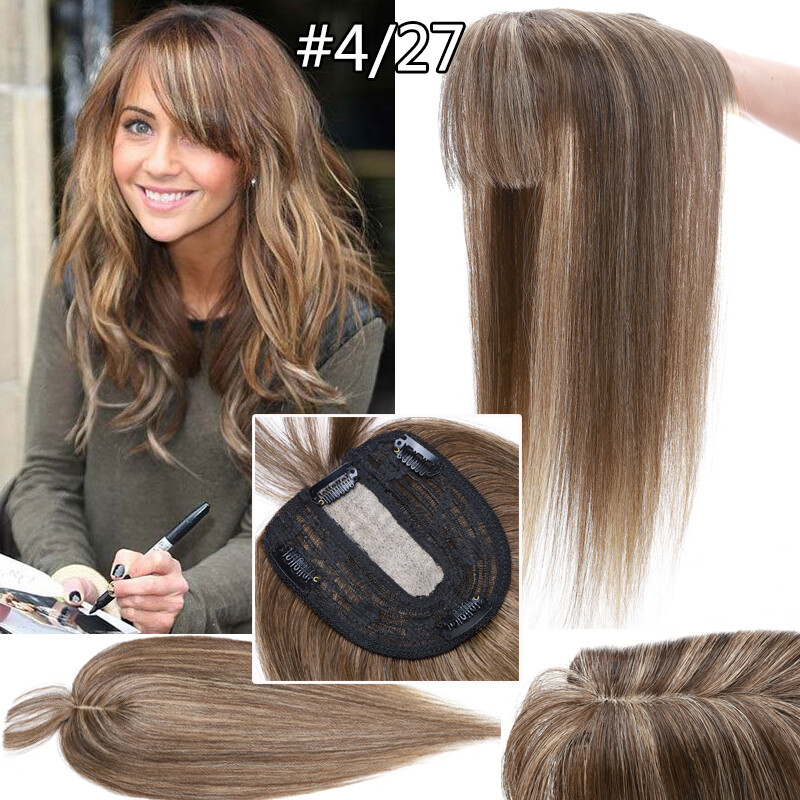 130% Clip in Human Hair Topper Hairpiece Toupee Wigs with Bangs For Loss Hair US