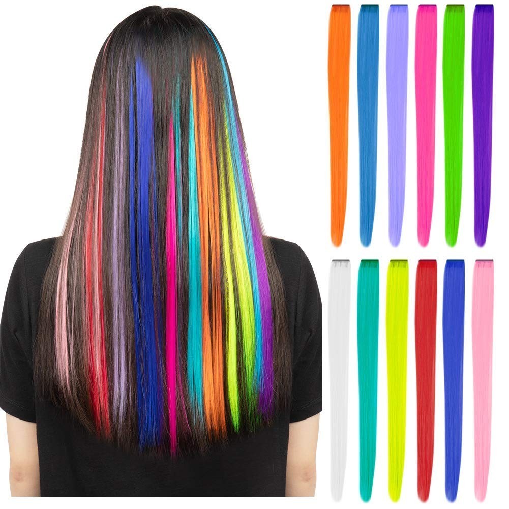 Multi Color Clip In Hair Extensions 12 Pieces for Costume and Parties
