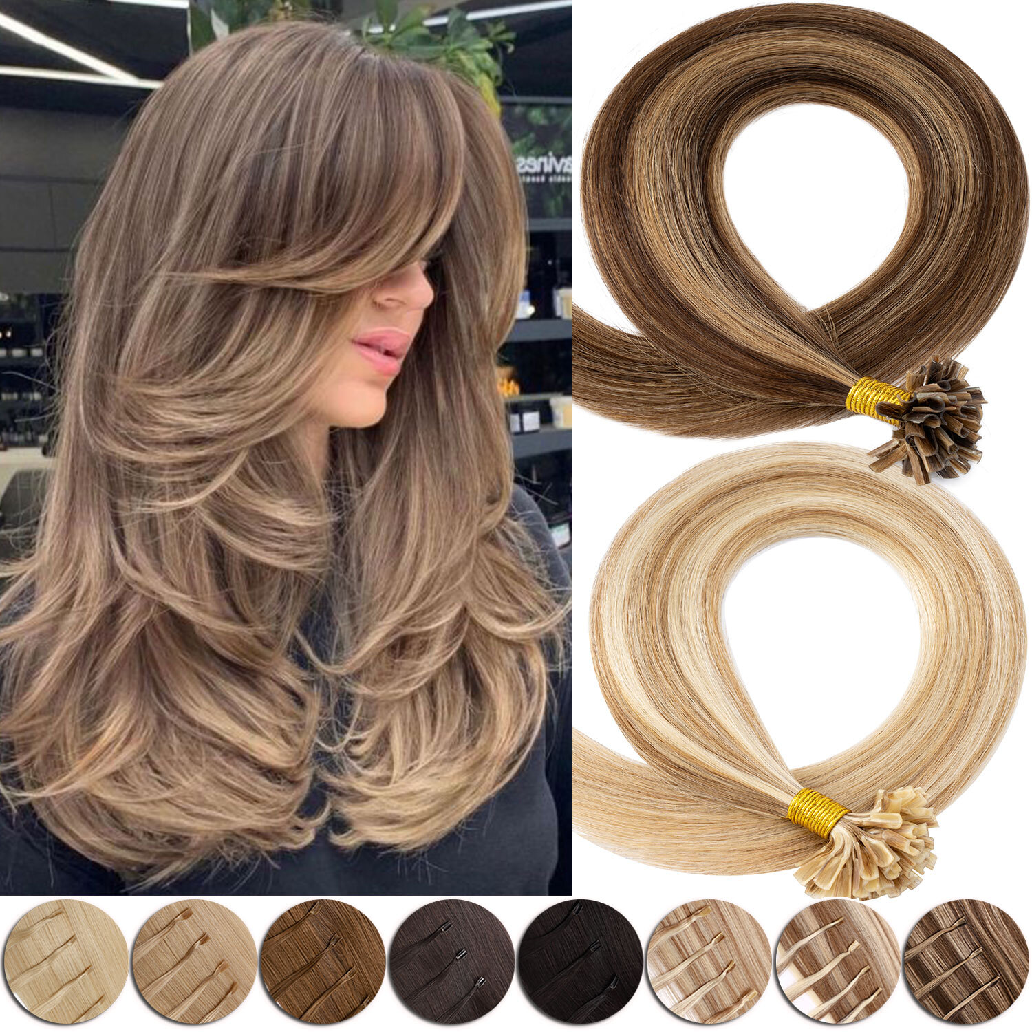 50-200PCS THICK Pre Bond Keratin Nail U Tip Human Remy Hair Extension Highlight