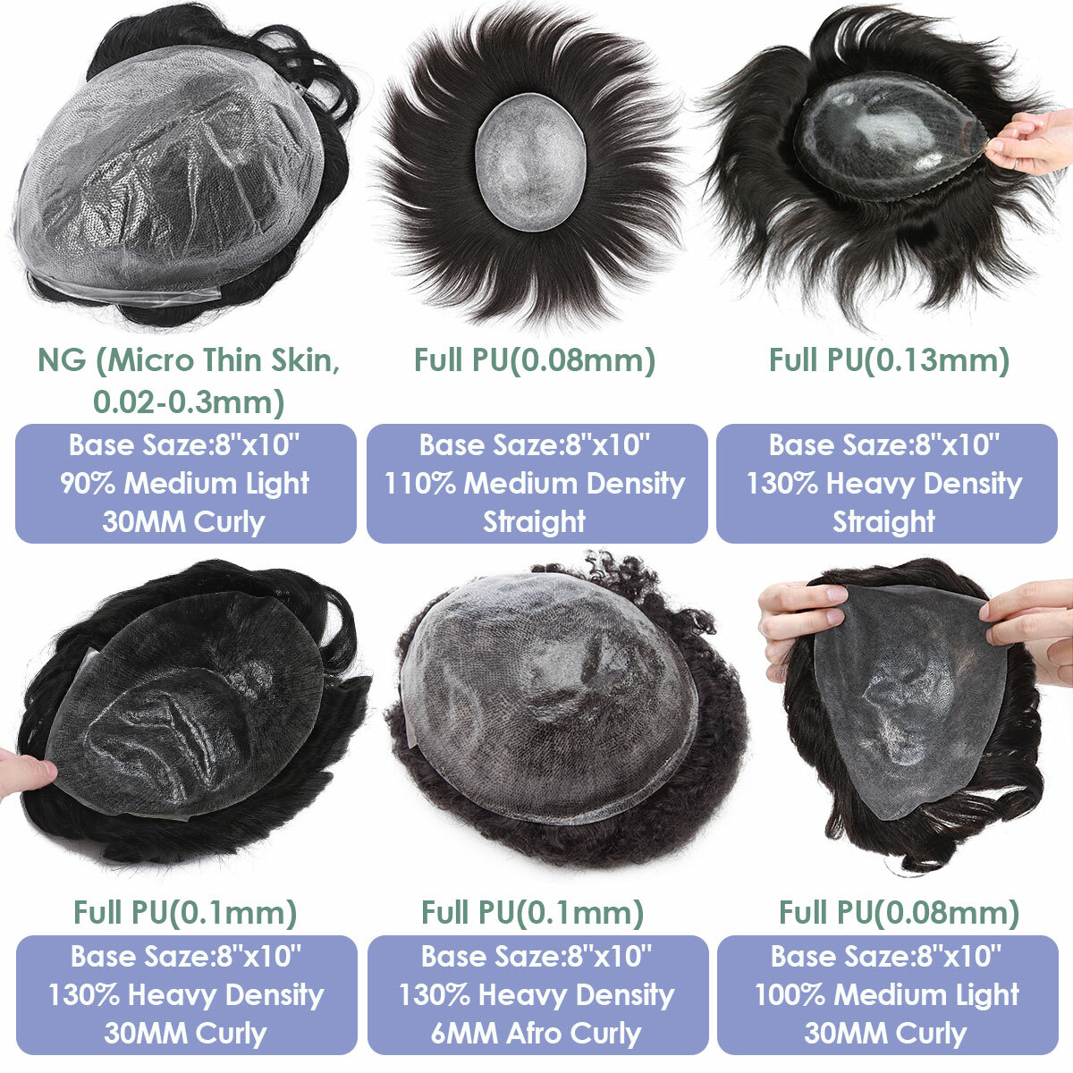 Men Toupee Human Hair Replacement System V-loop Super Thin Skin PU Hairpiece Wig
