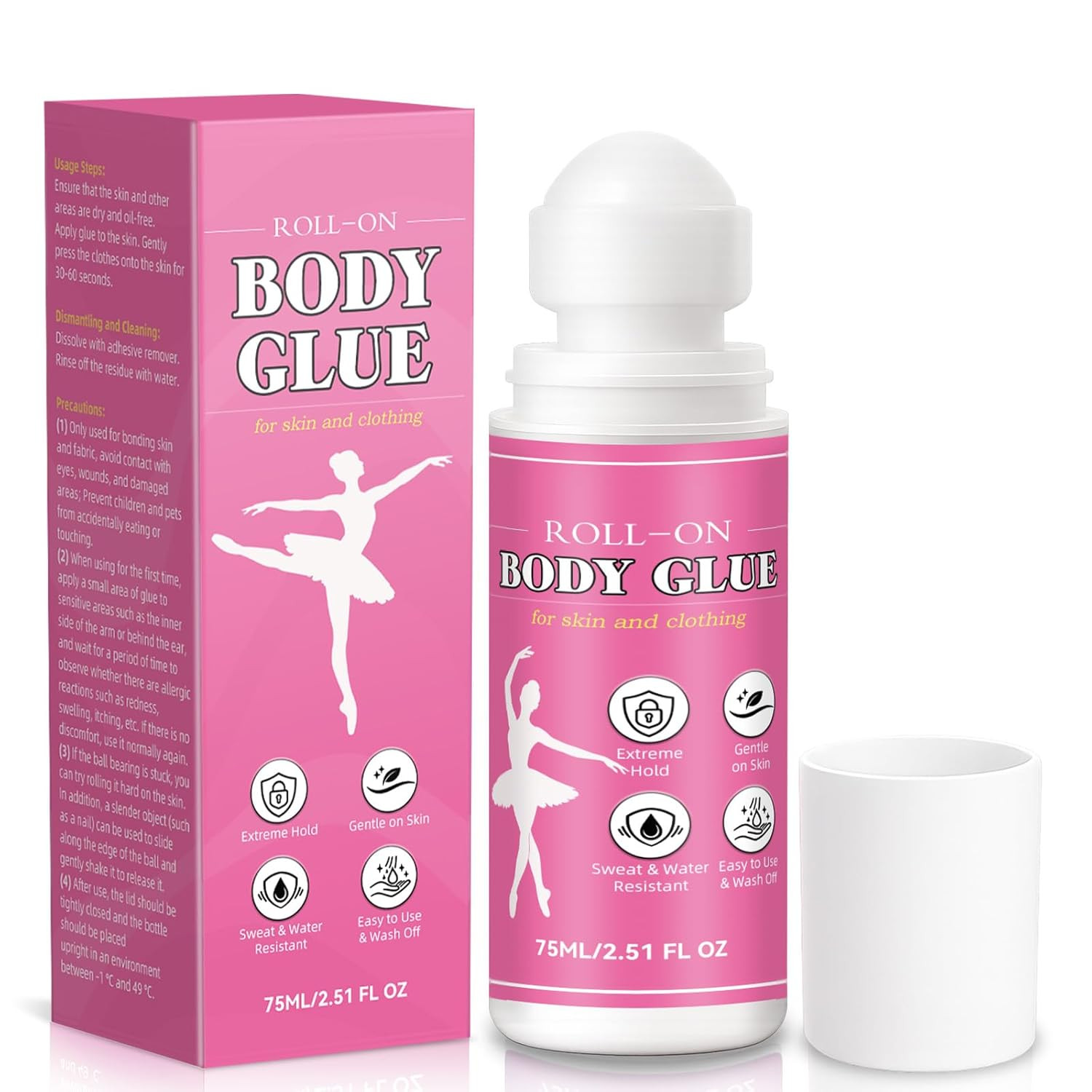 Body Glue for Clothes & Skin 2.54 Oz, Roll-On Body Adhesive, Sweat Resistant, Sk
