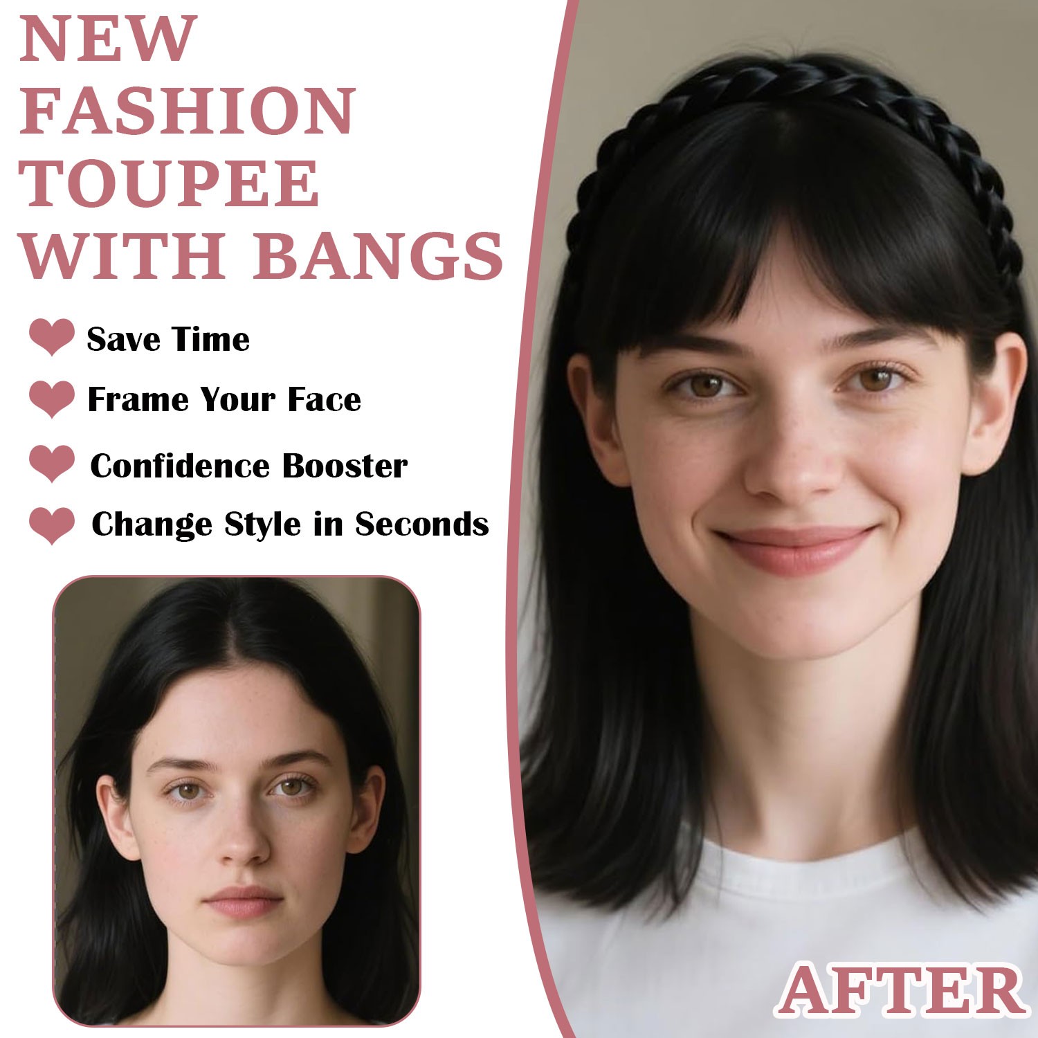 Thick Neat Bangs Toupee for Women Natural Headband with Bangs,Synthetic Hair Wig