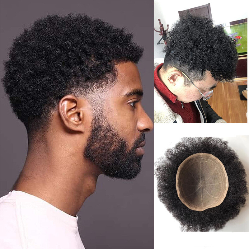 Afro Curly Full Lace Toupee African American Mens Toupee Human Hair 4mm Afro
