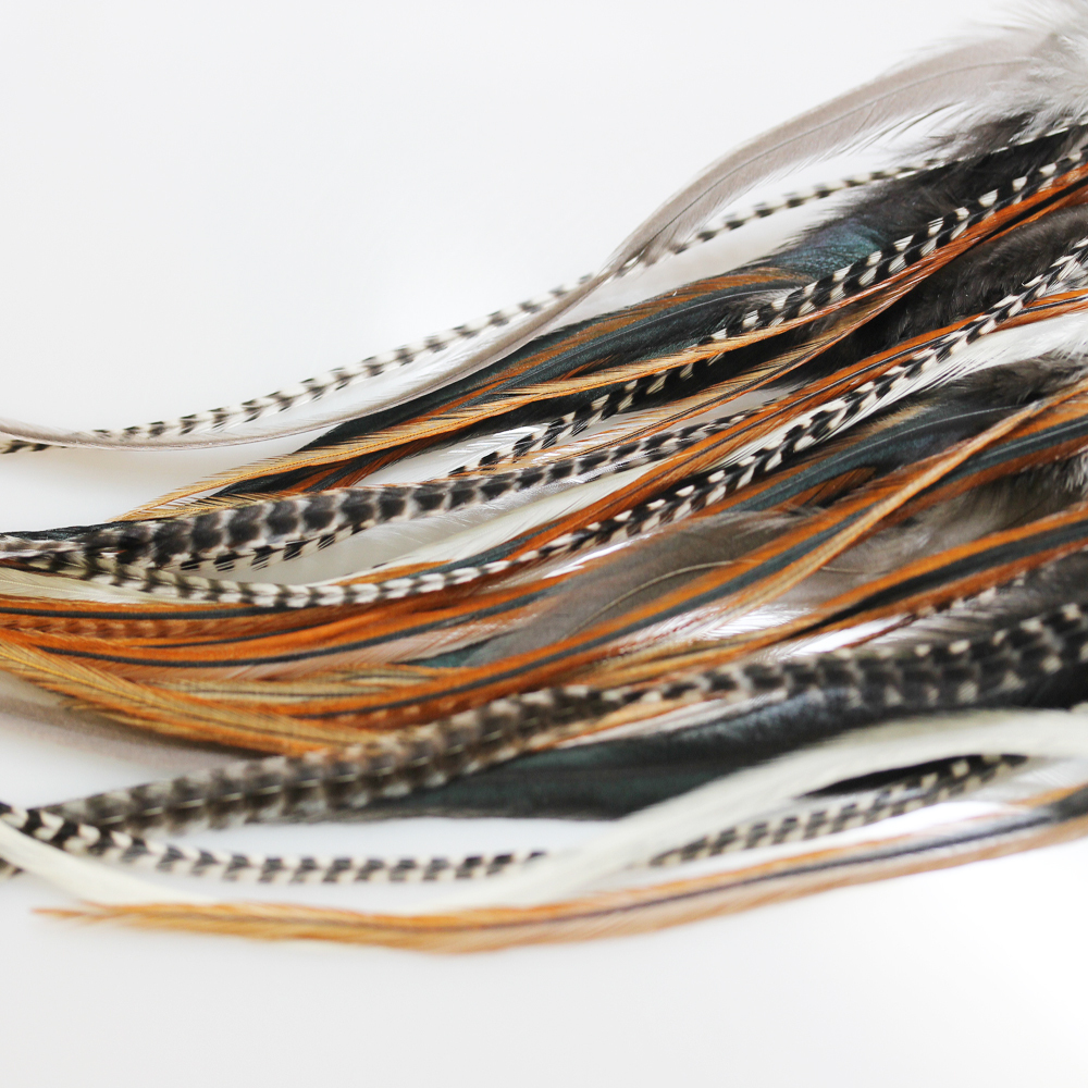 25 NATURAL LONG MIX WHITING GRIZZLY SADDLE FEATHER HAIR EXTENSIONs