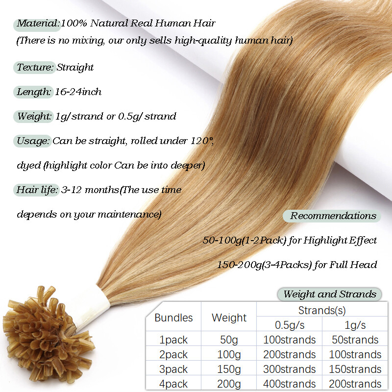 150g Full Head Thick Flat Nail U Tip Real Human Remy Hair Extensions Highlight