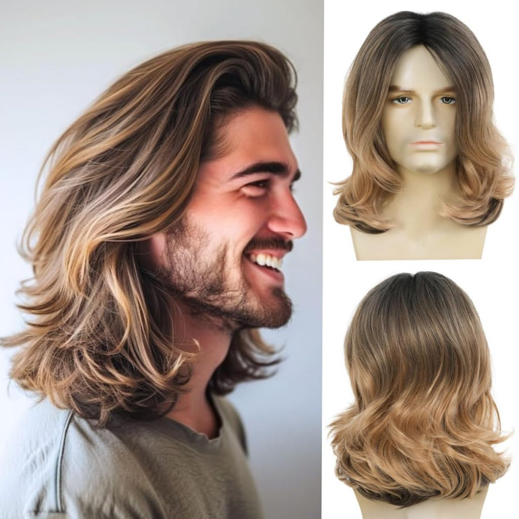 Men’s Brown Shoulder Length Wig Synthetic Cosplay Costume Rocker Hair