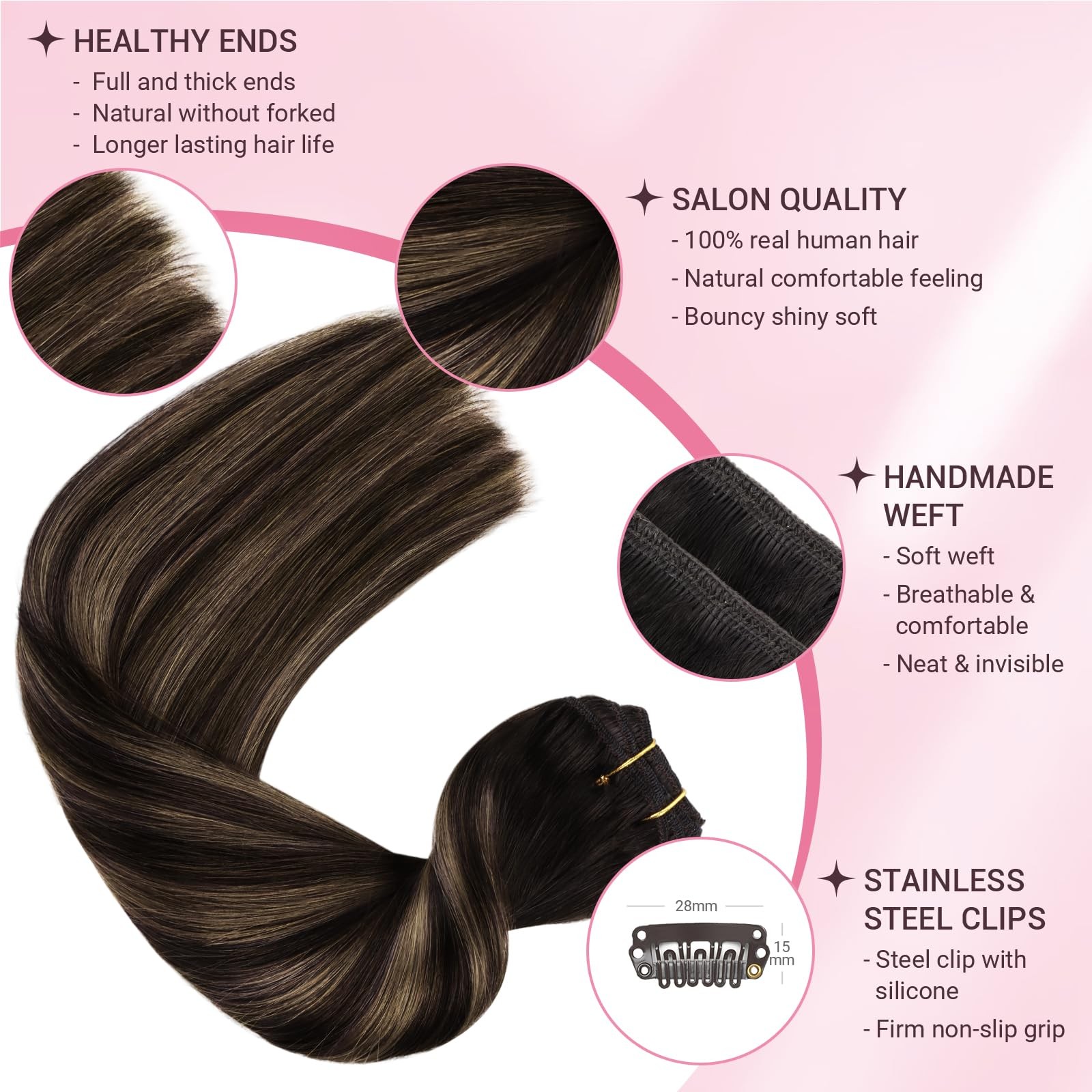MAXITA 70g Clip-in Human Hair Extensions Balayage Dark Brown Mixed 5pcs