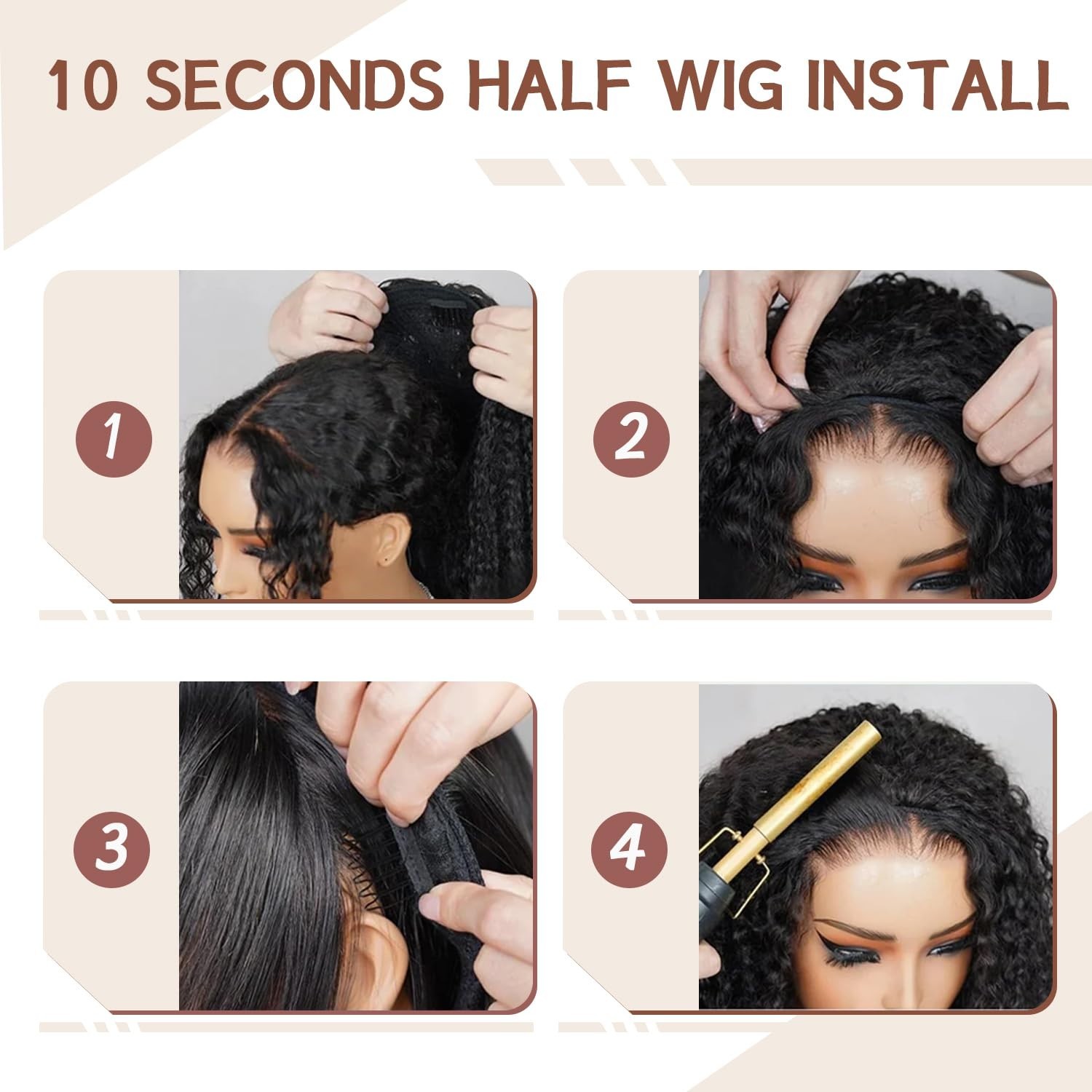 Curly Half Wig 220 Density 100% Real Human Hair 18″ Glueless Wear & Go 3-in-1