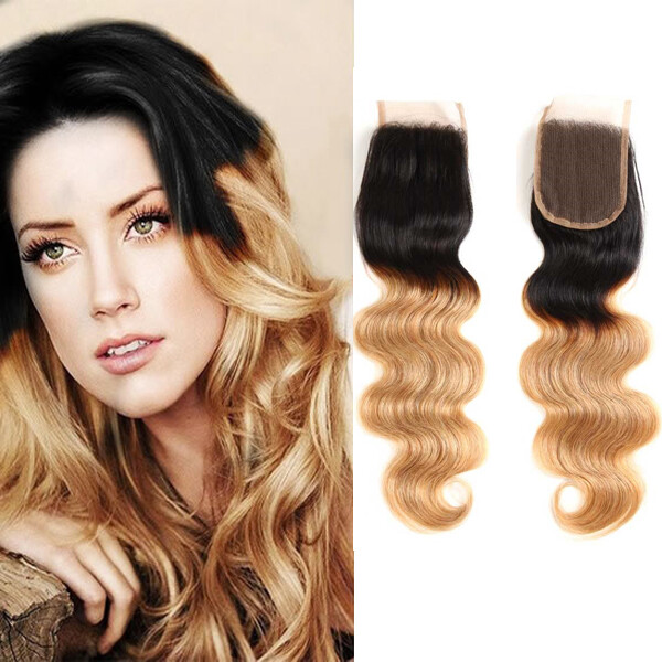 Ombre 1B/27 Body Wave Human Hair 3 Bundles with free part 4 by 4 Lace Closure