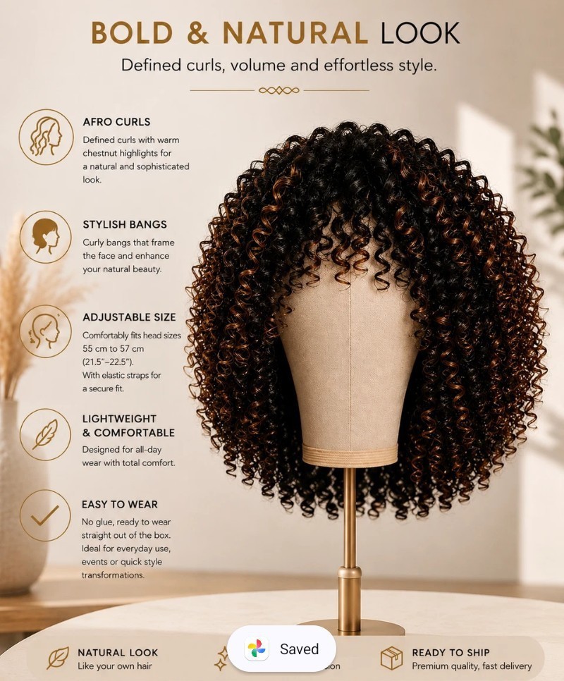 Afro Curly Wig with Bangs Black & Warm Brown Highlights Natural Synthetic Hair
