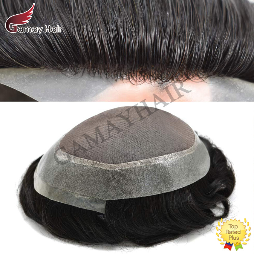 Mens Toupee Hairpiece Fine Mono Poly Human Hair Replacement System Wigs for Men