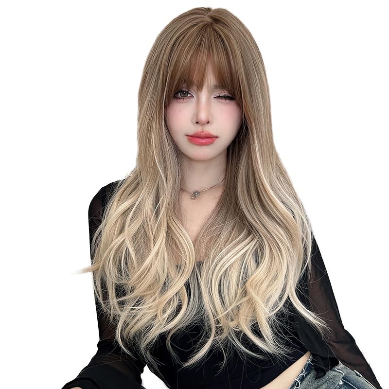 26 Inches Long Wavy Curly Wig for Women Blonde Brown Synthetic Hair Natural C…