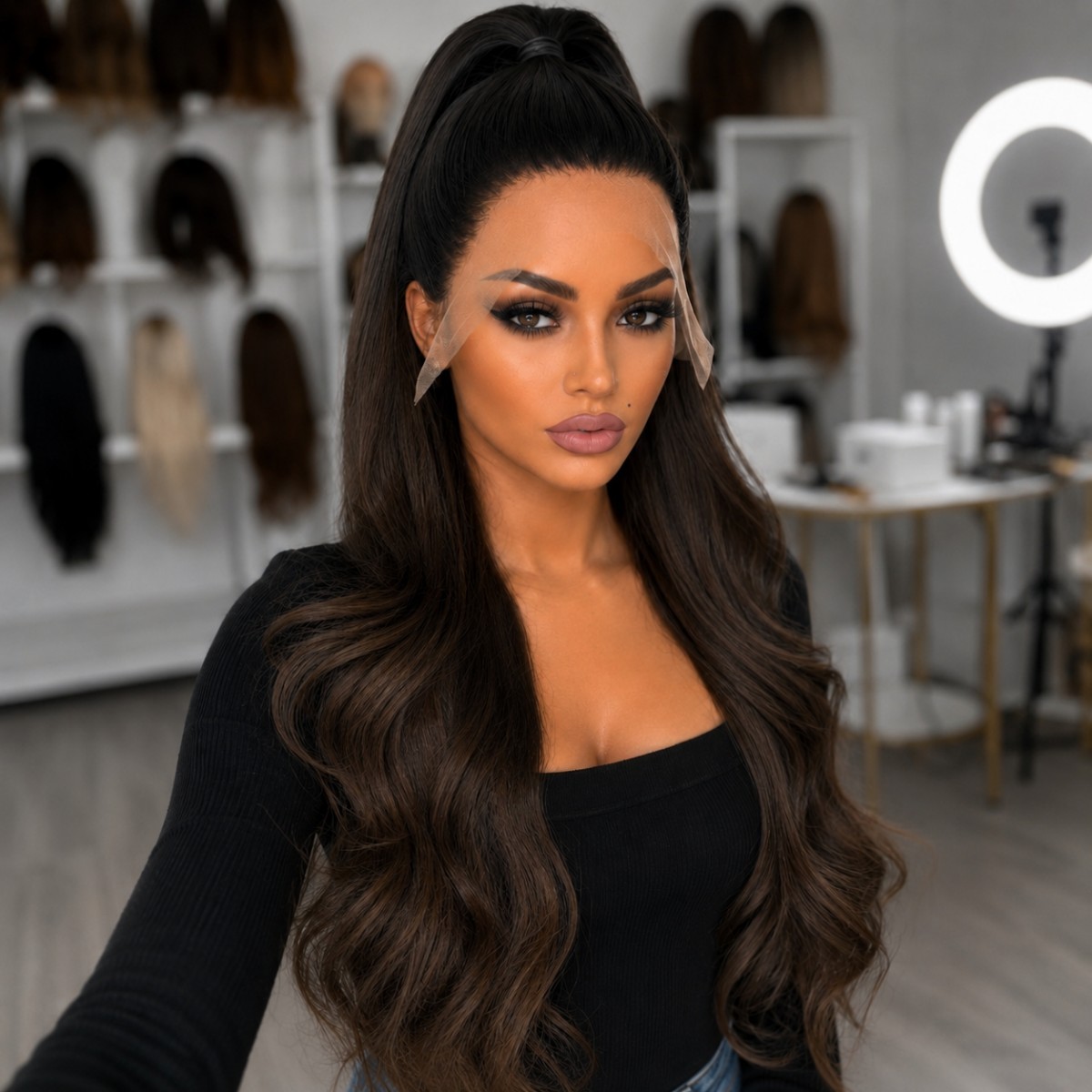 Pre Plucked Synthetic Hair Frontal Lace Wigs Long Wavy Ombre Brown