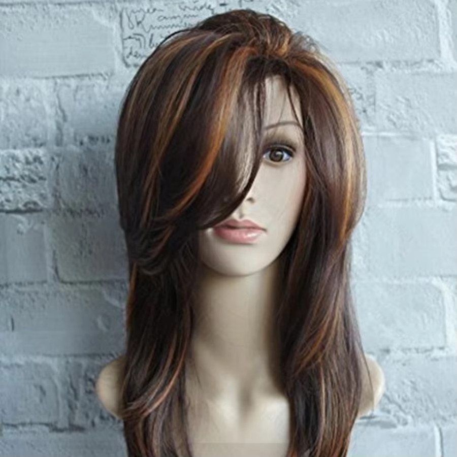 22″ Wavy Synthetic Wig Medium Length Linen Blend Brown Everyday Natural Hair Wig
