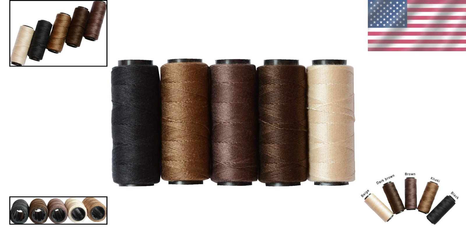 Sewing Threads Set 5 Rolls in Black Brown Dark Brown Beige Khaki for Wig Making