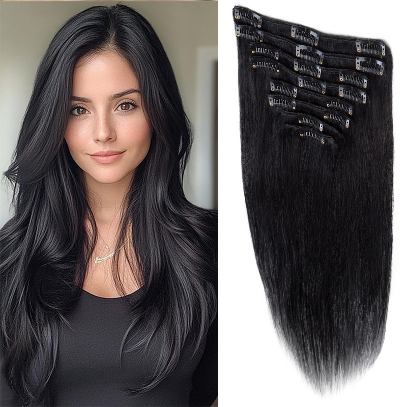 Double Weft 100% Remy Human Hair Extensions Full Head Clip In 8PCS Extra Thick