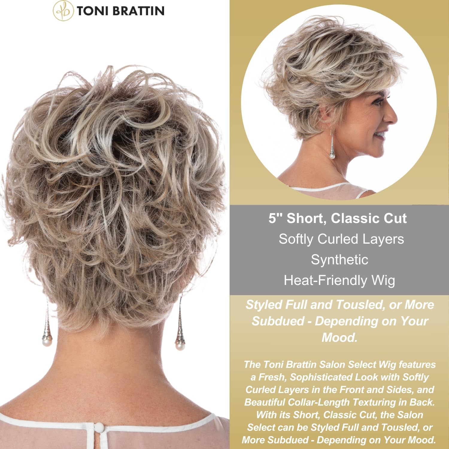 Brown Blonde Regular #314 Toni Brattin Salon Select Wig – Short Cut with Curled