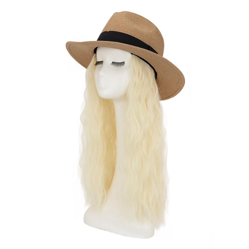 Long Wave Sun Hat Wig with Synthetic Hair Adjustable Straw Beach Cap For Women