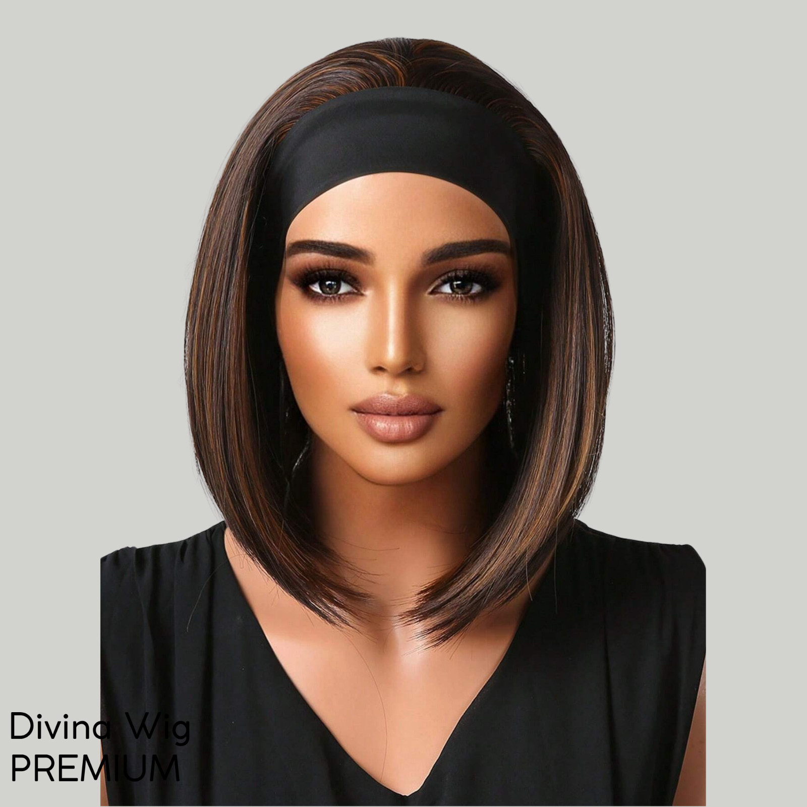 Straight Bob Headband Wig Brown Highlights Synthetic Hair 12 Inch Natural Look G