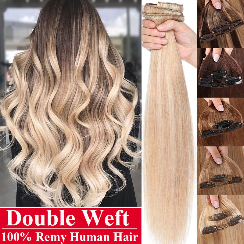 Extra Thick Double Weft Clip In Weave Remy Human Hair Extensions Full Head Brown
