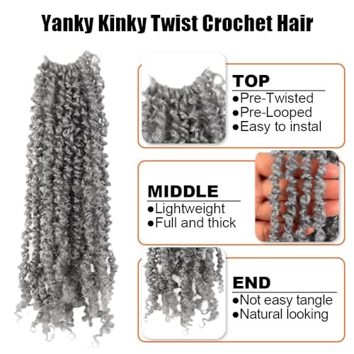 8 inch Yanky Twist Crochet Hair 10 Packs, Pre-looped 8 Inch (Pack of 10) Grey