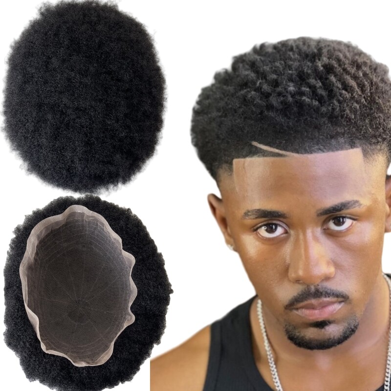 Afro Curly Full Lace Toupee African American Mens Toupee Human Hair 4mm Afro