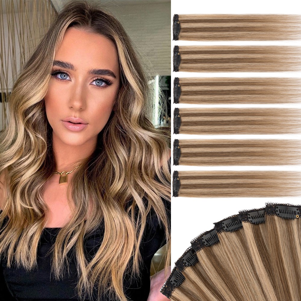 6pcs 6 Clips in Remy Human Hair Extensions Hairpiece Short Straight Highlight US