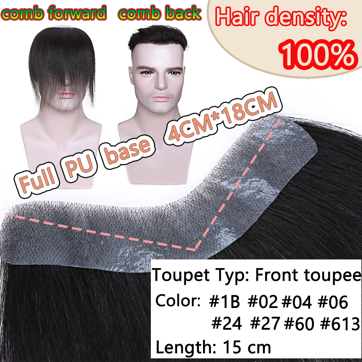 Front Toupet Mens Toupee Human Hair Replacement System PU Base Poly Hairpiece US