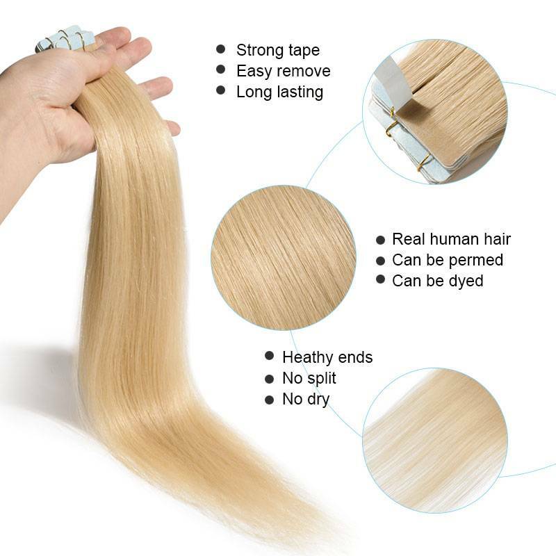 150g Straight Thick 60pcs Tape In Human Hair Extensions Skin Wefts #Bleach White