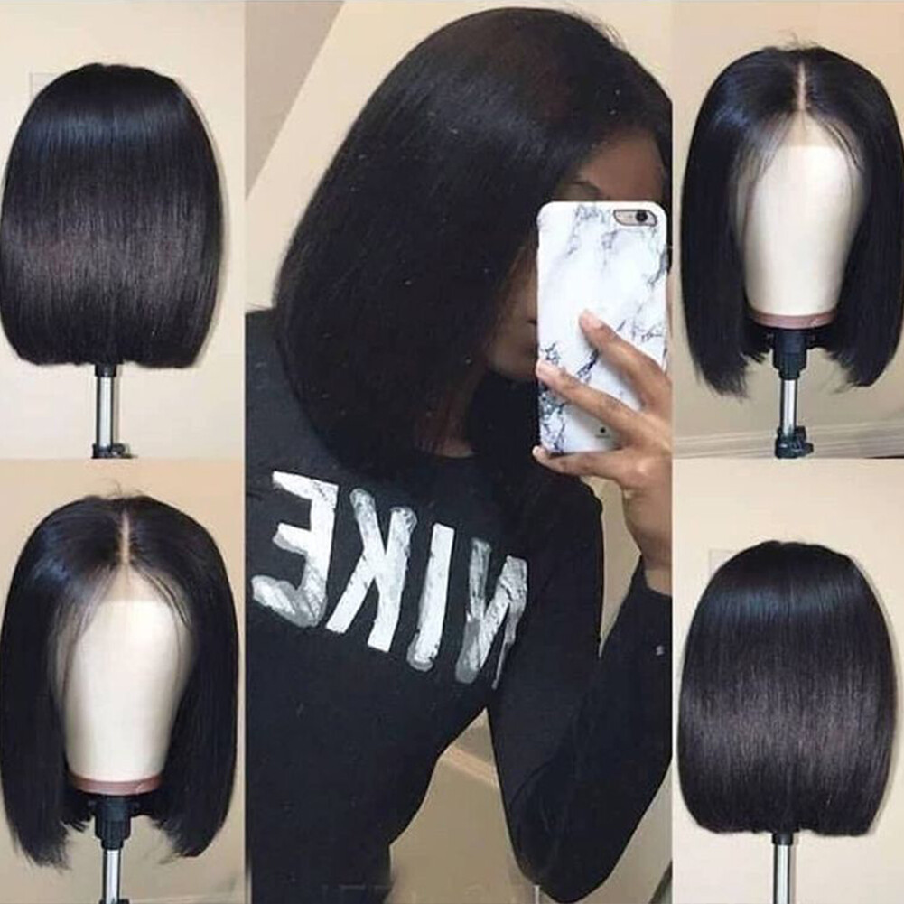 Heat Resistant Short Bob Synthetic Lace Front Wigs Glueless Black Straight Hair