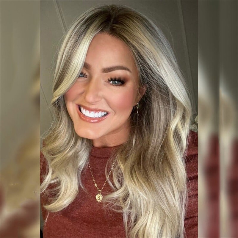 Honey Blonde Balayage Wavy Human Hair 13×4 Lace Front Wig for Women Body Wave