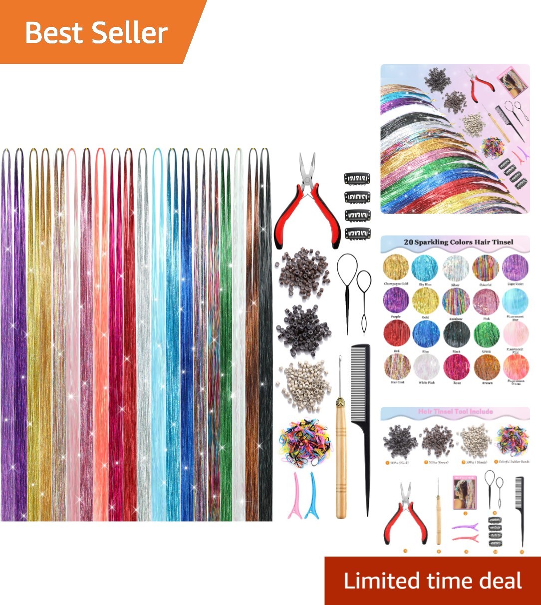 Fashion-Forward Hair Tinsel Kit: 20 Stunning Colors, Includes Easy-Use Tools