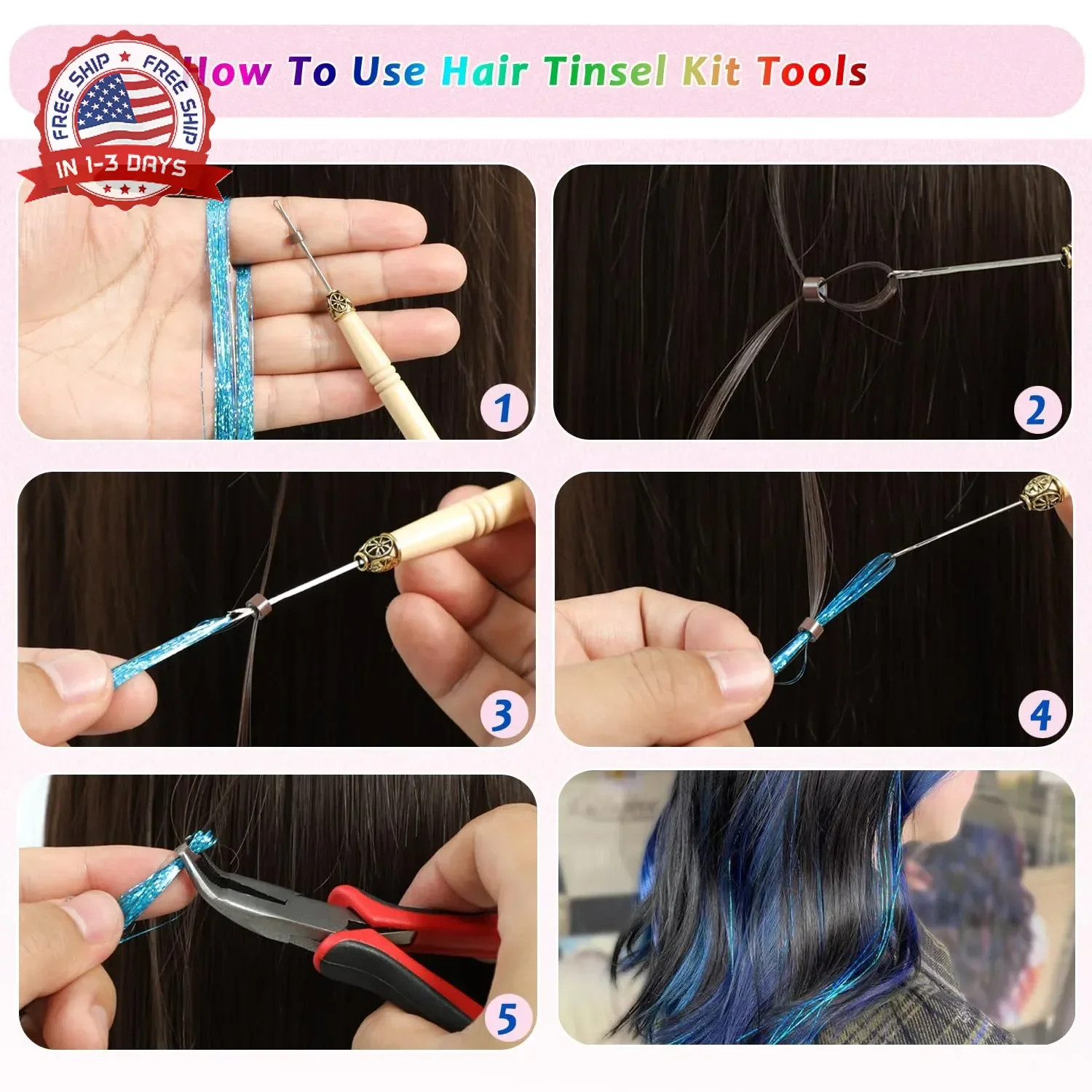 Hair Tinsel, 24 Colors 9800 Strands Hair Tinsel Kit with Tools 48 Inch Glitter T