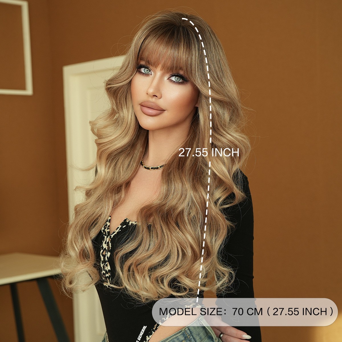 Ombre Blonde Long Curly Wig with Bangs Synthetic Wavy Hair Wigs for Women 27.5″