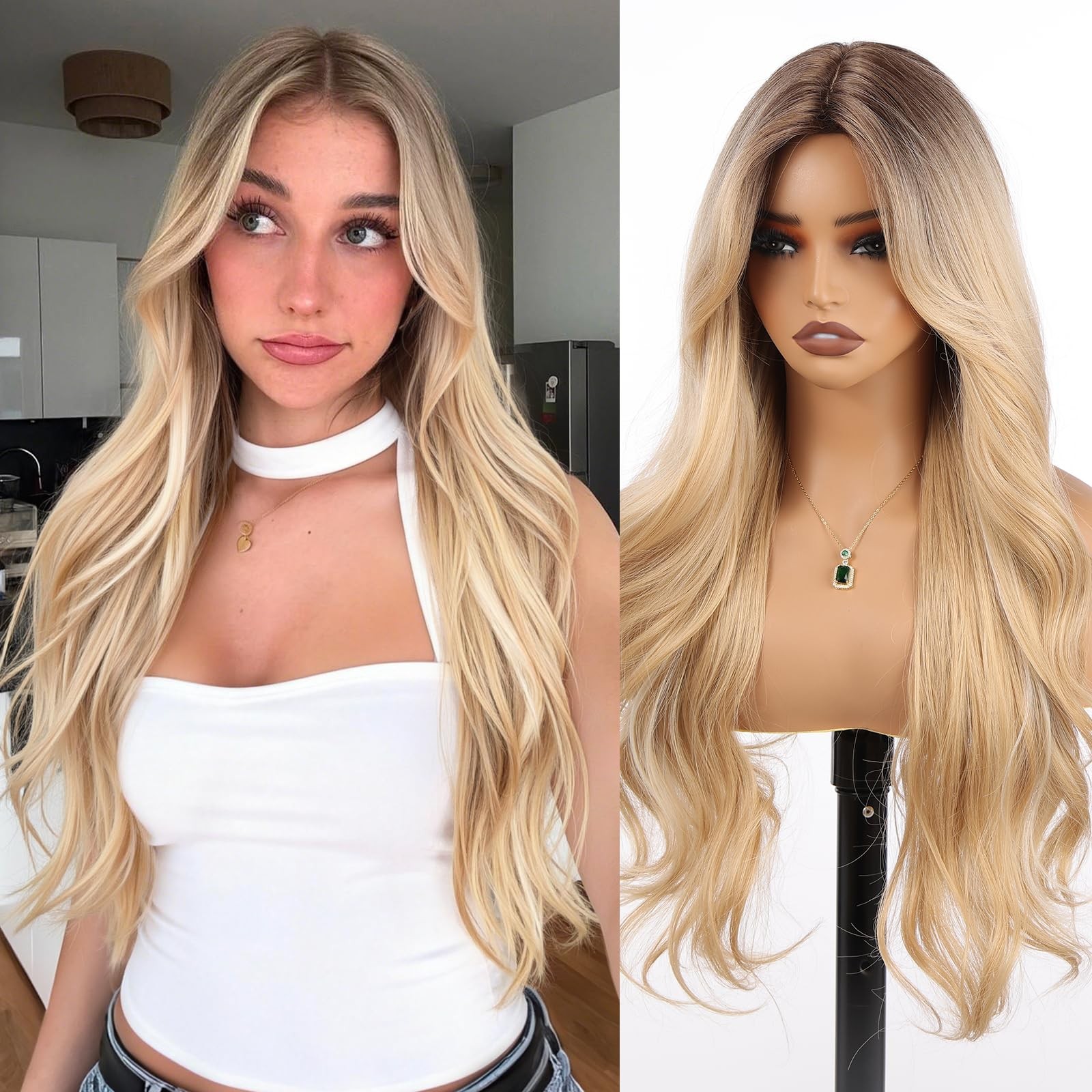 Long Ombre Blonde Wig for Women, 28 Inch Wavy Synthetic Wig with Curtain Bang…