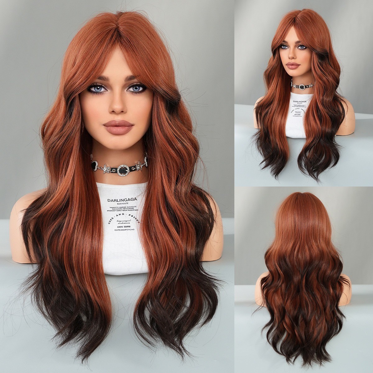 Full head wig with side-swept bangs colorful flame orange highlights and long