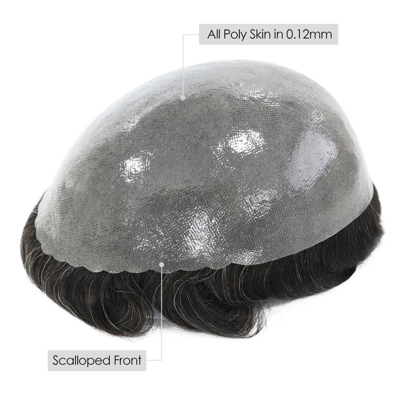 Mens Human Hair Replacement System Poly Skin Toupee Scalloped Hairpieces #1B10