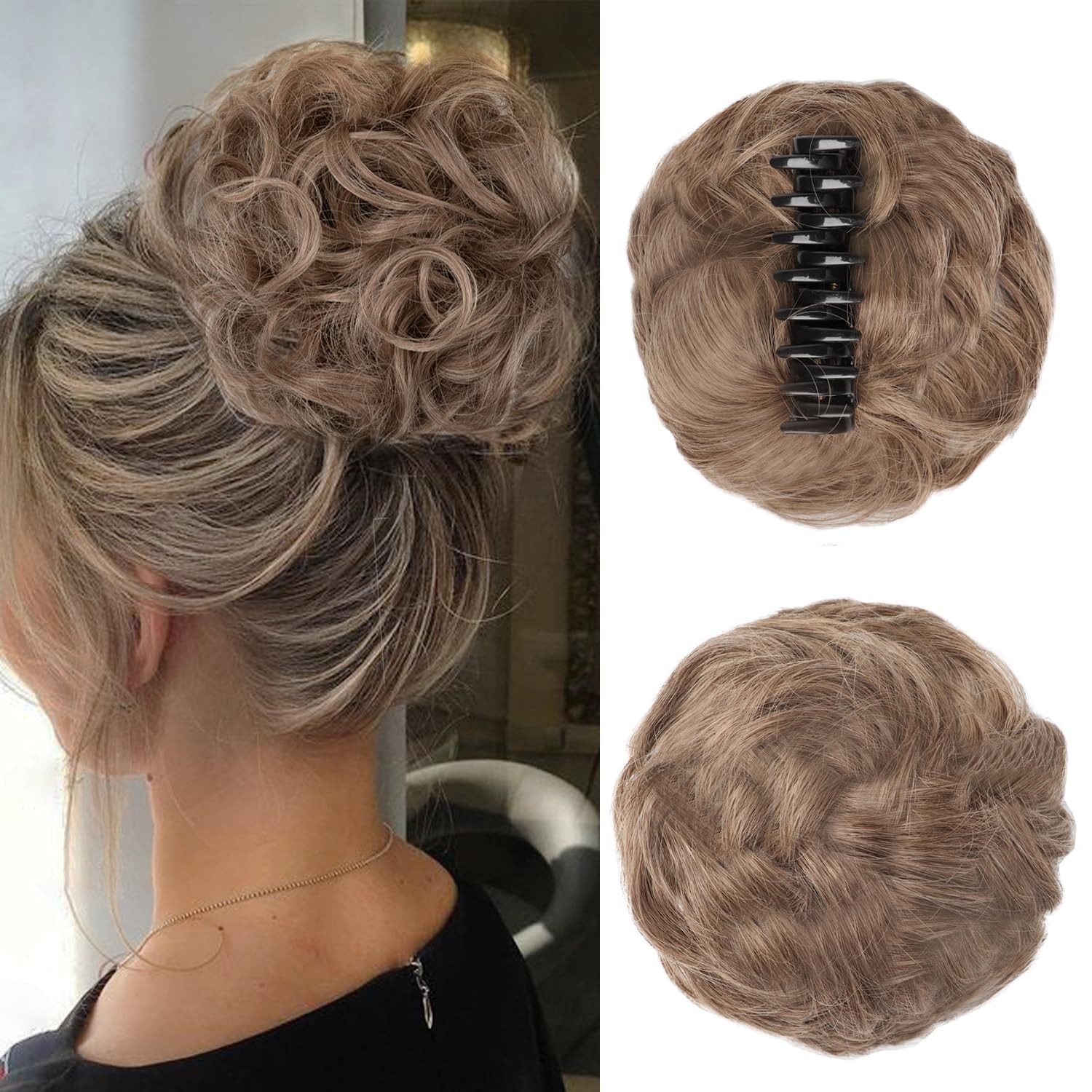WZNBBOY Claw Clip Messy Bun Hair Piece Curly Wavy Faux #Ash Brown