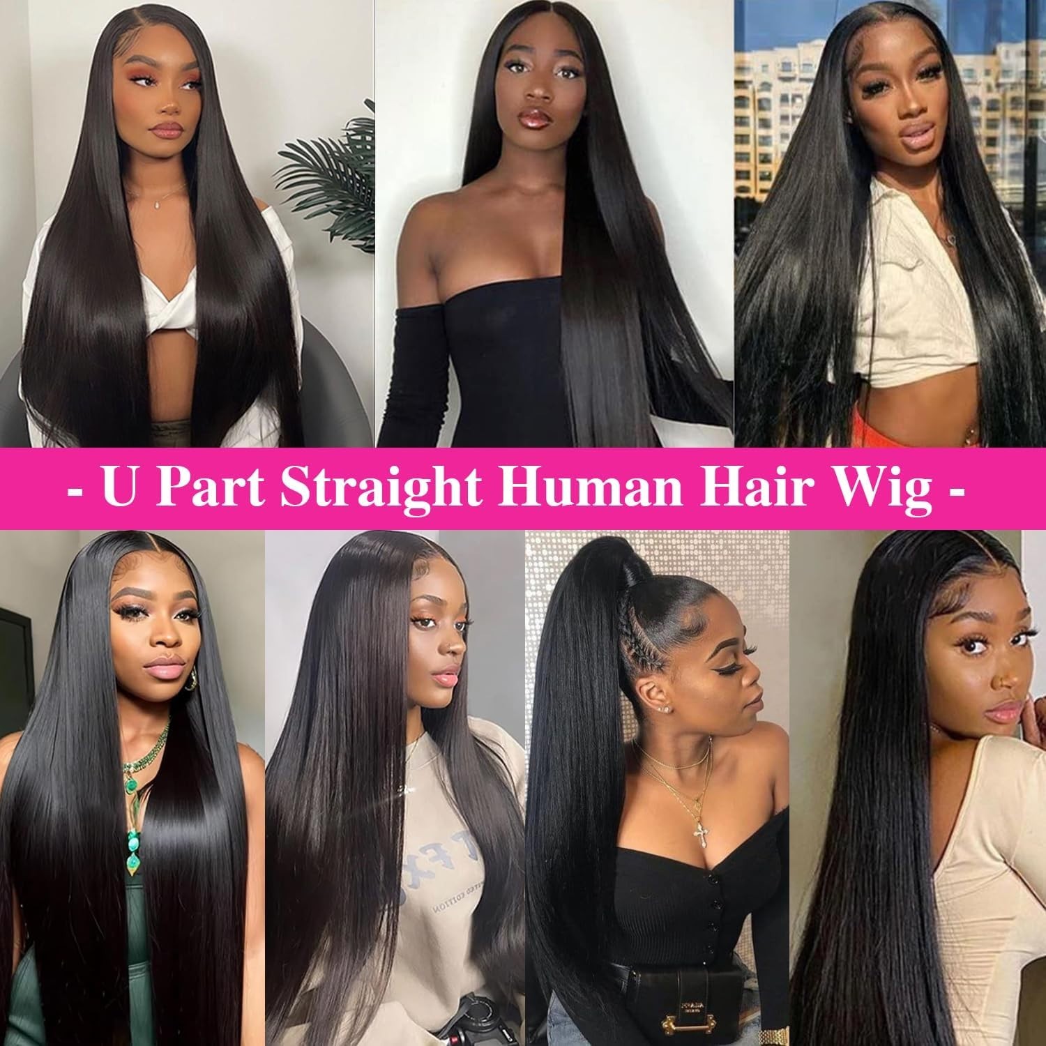 20 Inch U Part Wig Human Hair, Straight Drawstring Glueless Wear & Go, 200% Dens