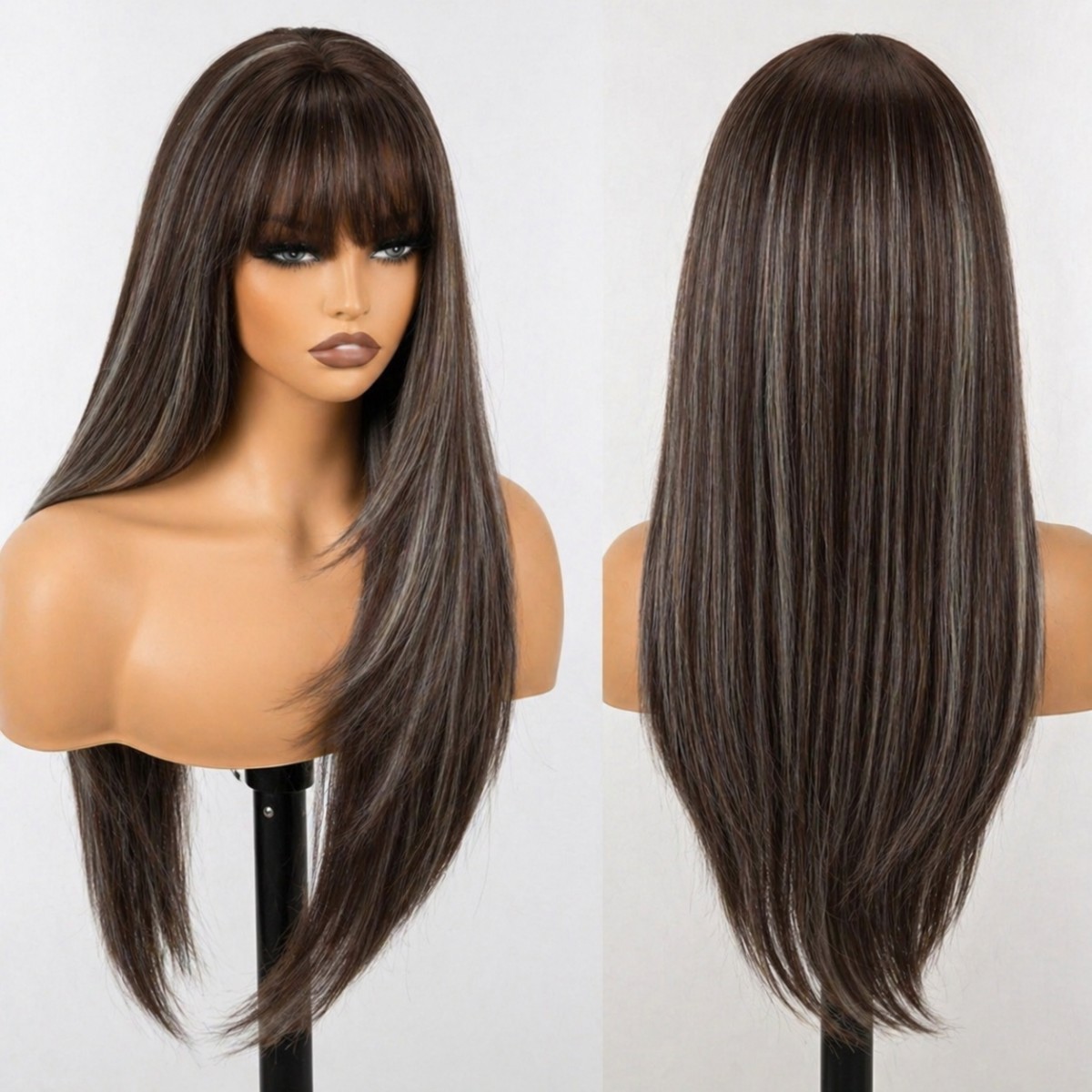 Mixed Brown blonde Long Straight Synthetic Hair Cosplay Party Wigs With Bangs