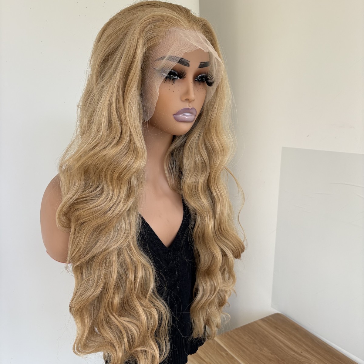 Blonde Long Wavy Glue Less Lace Front Wig Heat Resistant Synthetic Hair