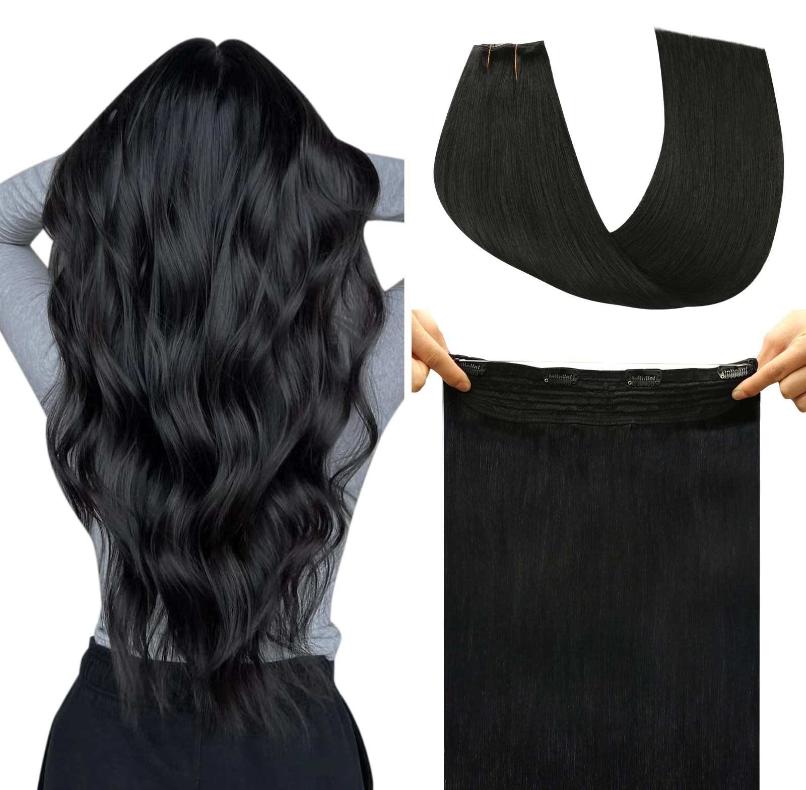 Safireny Invisible Wire Hair Extensions Real Human Hair 22 Inch 85G Jet Black