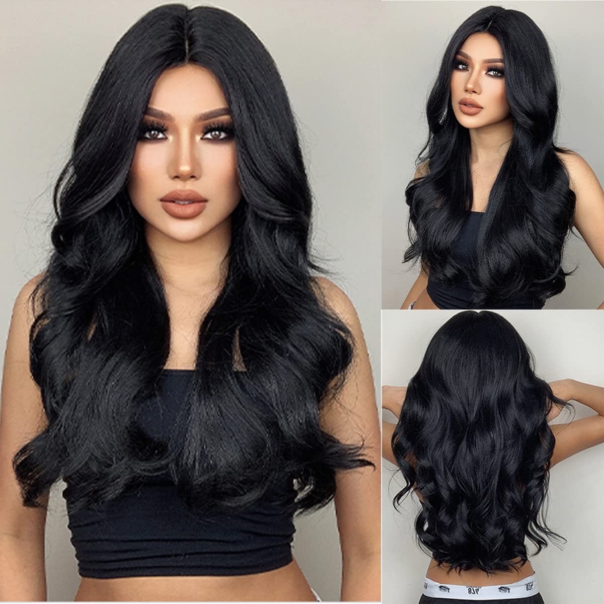 Black Wig for Women Long Wavy Black Hair Wigs Middle Part Black Wigs Heat Res…